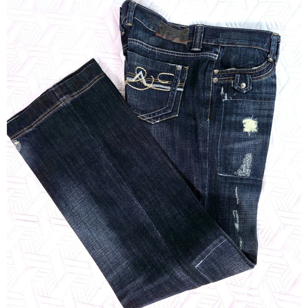 Southern Thread Distressed Jeans Y2K Men 32 Dark Straight Leg Embroidered Good